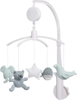 Baby's Only Muziekmobiel Baby - Boxmobiel - Stonegreen/Mint/Wit - Gebreide Figuurtjes - Muziek Speelgoed - Melodie 'It's A Small World'